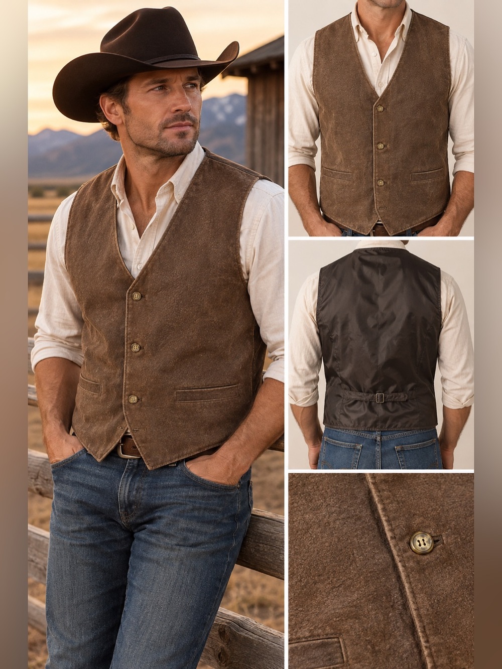 Faced Glory Men’s L Brown Genuine Leather Vest Vintage Western Cowboy Distressed